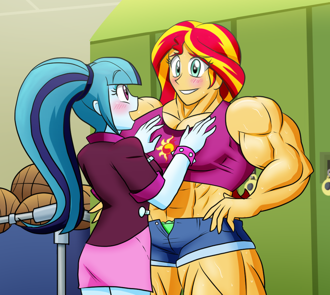 Size: 1040x930 | Tagged: suggestive, artist:advanceddefense, derpibooru import, sonata dusk, sunset shimmer, equestria girls, ball, basketball, blushing, canterlot high, clothes, daisy dukes, female, fetish, frilly underwear, green underwear, height difference, lesbian, locker room, lockers, midriff, muscle fetish, muscles, open fly, open mouth, panties, shipping, shorts, skirt, sunata, sunset lifter, sweat, tanktop, touch, underwear