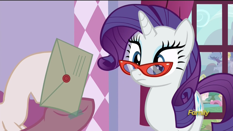 Size: 1920x1080 | Tagged: canterlot boutique, derpibooru import, envelope, glasses, letter, pinkie pie, rarity, safe, screencap