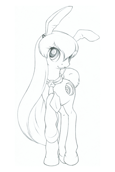 Size: 2000x3000 | Tagged: :3, artist:daisy, bunny ears, derpibooru import, female, mare, monochrome, necktie, ponified, rabbit pony, raised leg, reisen udongein inaba, safe, solo, touhou, traditional art