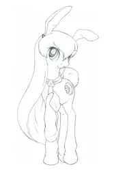 Size: 2000x3000 | Tagged: :3, artist:daisy, bunny ears, derpibooru import, female, mare, monochrome, necktie, ponified, rabbit pony, raised leg, reisen udongein inaba, safe, solo, touhou, traditional art