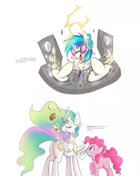 Size: 1280x1613 | Tagged: artist:mlpanon, derpibooru import, pinkie pie, plot, princess celestia, safe, simple background, sunbutt, this will end in tears and/or a journey to the moon, this will end in weight gain, vinyl scratch, white background