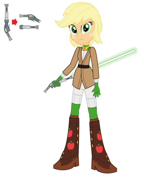 Size: 2445x3000 | Tagged: safe, artist:amante56, derpibooru import, applejack, equestria girls, 20th century fox, alternate hairstyle, blaster, boots, clothes, cowboy boots, crossover, disney, element of honesty, freckles, jedi, lightsaber, looking at you, lucasfilm, sentinel, solo, star wars