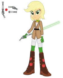 Size: 2445x3000 | Tagged: safe, artist:amante56, derpibooru import, applejack, equestria girls, 20th century fox, alternate hairstyle, blaster, boots, clothes, cowboy boots, crossover, disney, element of honesty, freckles, jedi, lightsaber, looking at you, lucasfilm, sentinel, solo, star wars
