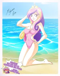 Size: 2175x2758 | Tagged: angry, artist:shinta-girl, bad translation, beach, clothes, derpibooru import, dialogue, female, human, humanized, one-piece swimsuit, open-back swimsuit, photo, pink swimsuit, princess cadance, solo, solo female, spanish, stupid sexy princess cadance, suggestive, swimsuit