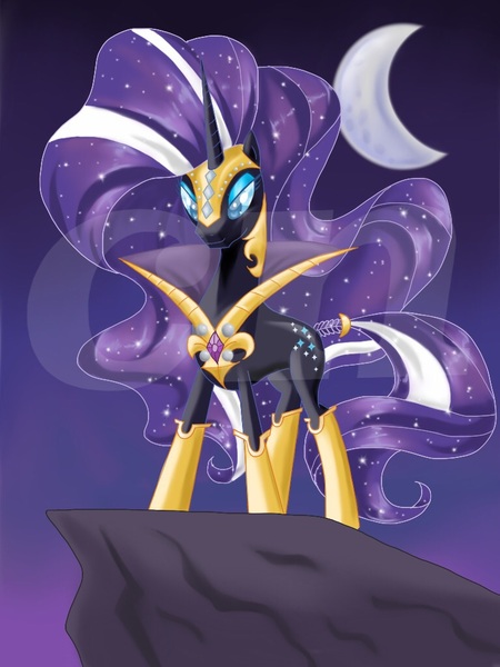 Size: 768x1024 | Tagged: safe, artist:sunshineshiny, derpibooru import, nightmare rarity, pony, unicorn, armor, crescent moon, female, mare, moon, night, solo, watermark