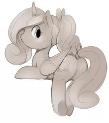 Size: 574x650 | Tagged: artist:ende26, cute, cutedance, derpibooru import, ende will be the end of us, grayscale, looking at you, looking back, lovebutt, monochrome, plot, princess cadance, prone, safe, sketch, smiling, solo, tail bow, underhoof, younger