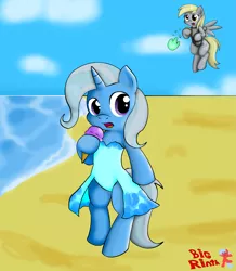 Size: 3017x3465 | Tagged: safe, artist:bigrinth, derpibooru import, derpy hooves, trixie, pony, beach, bipedal, clothes, ice cream, one-piece swimsuit, princess ruto, swimsuit, the legend of zelda