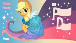 Size: 1920x1080 | Tagged: safe, artist:unnamed-doctor, derpibooru import, applejack, earth pony, pony, canterlot boutique, clothes, dress, female, mare, outfit catalog, princess dress, solo