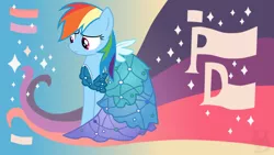 Size: 1920x1080 | Tagged: safe, artist:unnamed-doctor, derpibooru import, rainbow dash, pegasus, pony, canterlot boutique, clothes, dress, female, mare, outfit catalog, princess dress, rainbow dash always dresses in style, solo
