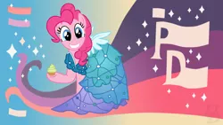 Size: 1920x1080 | Tagged: safe, artist:unnamed-doctor, derpibooru import, pinkie pie, earth pony, pony, canterlot boutique, clothes, cupcake, dress, female, mare, outfit catalog, princess dress, solo