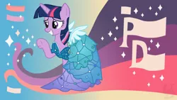 Size: 1920x1080 | Tagged: safe, artist:unnamed-doctor, derpibooru import, twilight sparkle, twilight sparkle (alicorn), alicorn, pony, canterlot boutique, clothes, dress, female, mare, outfit catalog, princess dress, smile and wave, solo, waving