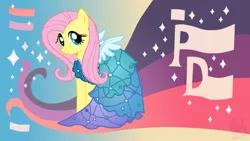 Size: 1920x1080 | Tagged: safe, artist:unnamed-doctor, derpibooru import, fluttershy, pegasus, pony, canterlot boutique, clothes, dress, female, mare, outfit catalog, princess dress, solo