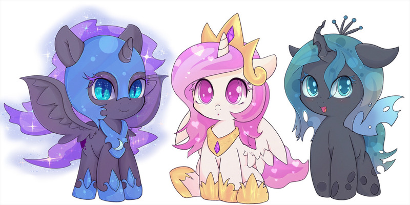 Size: 1280x640 | Tagged: safe, artist:zokkili, derpibooru import, nightmare moon, princess celestia, queen chrysalis, alicorn, changeling, changeling queen, pony, alicorns, blue eyes, cewestia, chibi, cute, cutealis, cutelestia, eyeshadow, female, filly, heart hair, helmet, horn, looking at you, makeup, moonabetes, nightmare woon, pink eyes, pink mane, pink-mane celestia, purple mane, simple background, sitting, sparkly eyes, sparkly mane, spread wings, teal eyes, teal mane, tiara, white background, wings, woona, younger