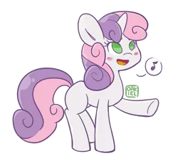 Size: 1323x1232 | Tagged: safe, artist:oakiel, derpibooru import, sweetie belle, pony, unicorn, blank flank, blushing, cute, diasweetes, female, filly, music notes, no pupils, open mouth, pictogram, singing, solo, speech bubble