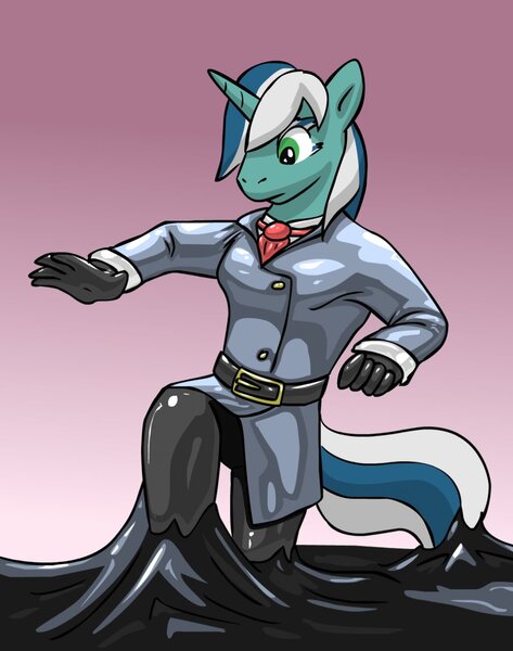 Size: 1008x1280 | Tagged: safe, artist:endium, derpibooru import, oc, oc:skyfall, unofficial characters only, anthro, unicorn, anthro oc, clothes, cravat, female, gloves, latex, latex gloves, latex suit, rubber, sinking, solo, stuck