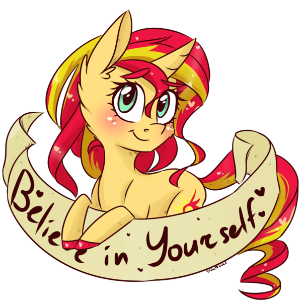 Size: 2000x2000 | Tagged: safe, artist:silbersternenlicht, derpibooru import, sunset shimmer, pony, unicorn, banner, blushing, female, heart, looking at you, mare, old banner, positive message, positive ponies, simple background, solo, transparent background