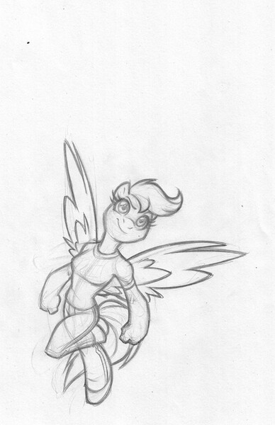 Size: 621x960 | Tagged: artist needed, safe, derpibooru import, scootaloo, anthro, monochrome, older, sketch, solo, the dashies, traditional art