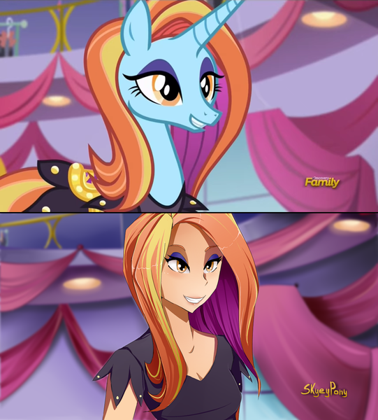 Size: 1280x1420 | Tagged: artist:skyeypony, canterlot boutique, cleavage, derpibooru import, eyeshadow, female, grin, human, humanized, lidded eyes, makeup, safe, sassy saddles, scene interpretation, screencap, smiling, solo