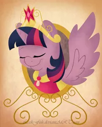 Size: 1280x1600 | Tagged: safe, artist:abbystarling, deleted from derpibooru, derpibooru import, twilight sparkle, twilight sparkle (alicorn), alicorn, pony, big crown thingy, eyes closed, female, mare, portrait, smiling, solo