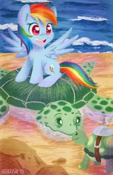 Size: 1242x1920 | Tagged: safe, artist:abbystarling, deleted from derpibooru, derpibooru import, rainbow dash, tank, tortoise, turtle, beach, cousins, cute, dashabetes, ocean, sea turtle, tide, water, wingding eyes