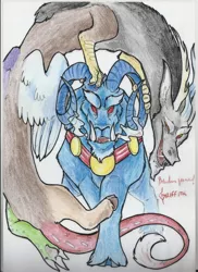 Size: 1700x2338 | Tagged: artist:thelionmedal, badass, cloven hooves, colored pencil drawing, crossover, derpibooru import, discord, g1, g1 to g4, generation leap, grogar, male, ram, red eyes, safe, signature, spanish, traditional art