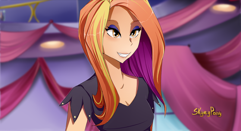 Size: 1280x699 | Tagged: artist:skyeypony, bedroom eyes, canterlot boutique, cute, derpibooru import, grin, human, humanized, safe, sassybetes, sassy saddles, smiling, solo