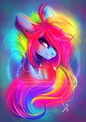 Size: 2059x2913 | Tagged: safe, artist:wilvarin-liadon, derpibooru import, rainbow dash, pony, alternate hairstyle, color porn, ear piercing, eyestrain warning, female, jewelry, mare, multicolored hair, necklace, patreon, piercing, portrait, smiling, solo, watermark