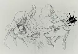 Size: 2000x1403 | Tagged: safe, artist:jericoanon, derpibooru import, discord, princess celestia, bedroom eyes, blushing, dislestia, eye contact, female, magic, male, monochrome, shipping, smiling, straight, sweat, tea, telekinesis, traditional art, wide eyes