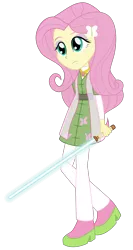 Size: 1594x3000 | Tagged: safe, artist:amante56, derpibooru import, fluttershy, equestria girls, 20th century fox, clothes, crossover, disney, element of kindness, healer, jedi, lightsaber, long hair, lucasfilm, raised leg, solo, star wars