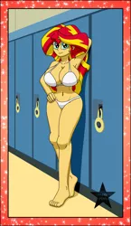 Size: 2160x3735 | Tagged: suggestive, artist:sonork91, derpibooru import, sunset shimmer, equestria girls, adorasexy, arm behind head, armpits, barefoot, belly button, big breasts, bikini, bra, breasts, busty sunset shimmer, canterlot high, cleavage, clothes, curvy, cute, feet, female, hand on hip, hips, huge breasts, lingerie, locker room, looking at you, panties, sexy, smiling, solo, solo female, swimsuit, underwear, white swimsuit, white underwear, wide hips
