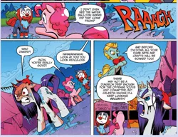 Size: 1064x819 | Tagged: safe, artist:andypriceart, derpibooru import, idw, lightning dust, pinkie pie, rarity, ponified, earth pony, pegasus, pony, unicorn, siege of the crystal empire, spoiler:comic, spoiler:comic34, angry, clown, comic, female, mare, official comic, red face, running makeup, water, water balloon, wet, wet mane, wet mane rarity