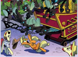 Size: 1073x786 | Tagged: safe, artist:andypriceart, derpibooru import, idw, applejack, flam, flim, changeling, earth pony, pony, unicorn, siege of the crystal empire, spoiler:comic, spoiler:comic34, female, flim flam brothers, male, mare, official comic, stallion