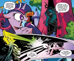Size: 913x761 | Tagged: safe, artist:andypriceart, derpibooru import, idw, queen chrysalis, twilight sparkle, twilight sparkle (alicorn), alicorn, changeling, changeling queen, pony, siege of the crystal empire, spoiler:comic, spoiler:comic34, comic, duo, female, magic beam, magic blast, mare, official comic, tent