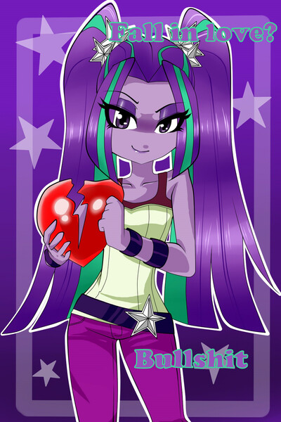 Size: 1000x1500 | Tagged: safe, artist:nekojackun, derpibooru import, aria blaze, equestria girls, bullshit, clothes, heart, looking at you, love, question, sleeveless, solo, stars, tanktop, text, vulgar, wristband