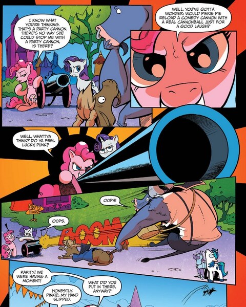 Size: 658x822 | Tagged: safe, artist:andypriceart, derpibooru import, idw, bertha (goat), iron will, pinkie pie, rarity, shining armor, earth pony, goat, minotaur, pony, unicorn, siege of the crystal empire, spoiler:comic, spoiler:comic34, cannon, clothes, comic, dirty harry, female, male, mare, nose piercing, nose ring, official comic, party cannon, piercing, violence