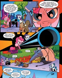 Size: 658x822 | Tagged: safe, artist:andypriceart, derpibooru import, idw, bertha (goat), iron will, pinkie pie, rarity, shining armor, earth pony, goat, minotaur, pony, unicorn, siege of the crystal empire, spoiler:comic, spoiler:comic34, cannon, clothes, comic, dirty harry, female, male, mare, nose piercing, nose ring, official comic, party cannon, piercing, violence