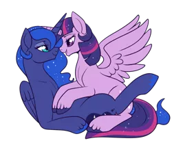 Size: 600x509 | Tagged: safe, artist:lulubell, derpibooru import, princess luna, twilight sparkle, twilight sparkle (alicorn), alicorn, pony, female, lesbian, mare, shipping, simple background, transparent background, twiluna