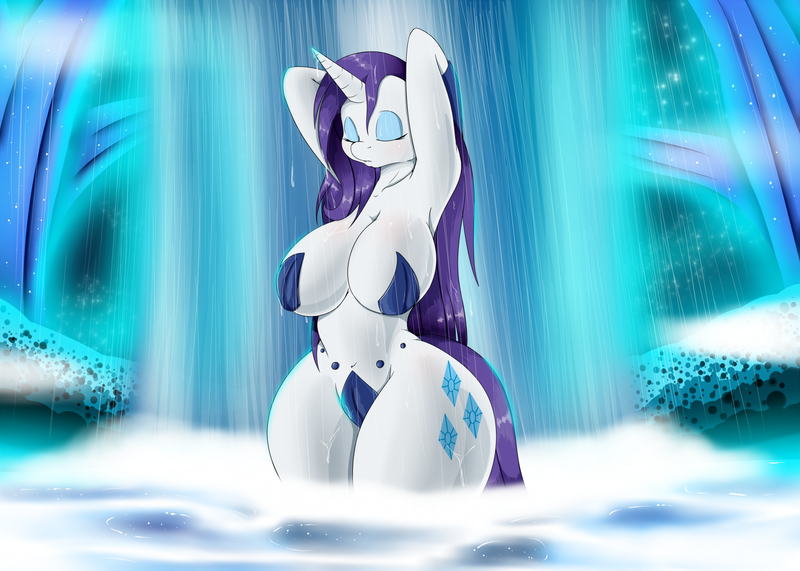 Size: 1920x1371 | Tagged: absolute cleavage, anthro, armpits, artist:suirano, breasts, busty rarity, cleavage, derpibooru import, female, pasties, rarihips, rarity, series:world of gemstones, solo, solo female, suggestive, swimming pool, thunder thighs, water, waterfall, wet, wet mane, wet mane rarity, wide hips