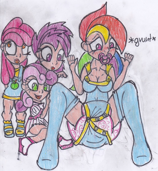 Size: 2269x2453 | Tagged: questionable, artist:cuddlelamb, derpibooru import, part of a set, apple bloom, rainbow dash, scootaloo, sweetie belle, human, abdl, better lock the door, blushing, clothes, cutie mark crusaders, diaper, diaper fetish, humanized, messing, messy diaper, onesie, pacifier, part of a series, poofy diaper, poop, pooping, socks, story included, thigh highs, traditional art