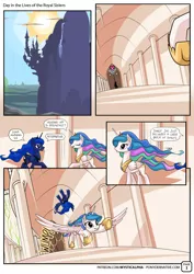 Size: 955x1351 | Tagged: safe, artist:mysticalpha, derpibooru import, princess celestia, princess luna, alicorn, pony, comic:day in the lives of the royal sisters, canterlot, canterlot castle, comic, crown, cute, cutelestia, dialogue, donut, eyes closed, female, flying, horseshoes, jewelry, mare, open mouth, peytral, raised hoof, regalia, rekt, scrunchy face, speech bubble, spread wings, sun, tackle, underhoof, wavy mouth