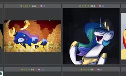 Size: 552x336 | Tagged: artist:2snacks, artist:anticular, banana, derpibooru, derpibooru import, evil laugh, exploitable meme, juxtaposition, juxtaposition win, lunabuse, meme, meta, nightmare, open mouth, princess celestia, princess luna, pure unfiltered evil, safe, snaplestia