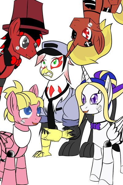 Size: 800x1200 | Tagged: safe, artist:fourze-pony, derpibooru import, oc, oc:firebrand, oc:manga kamen, oc:pristine, oc:sweetie bloom, oc:toonkriticy2k, gryphon, animatronic, clothes, crossover, eyepatch, five nights at freddy's, frown, gritted teeth, josh scorcher, music, musical, necktie, open mouth, parody, red and black oc, scared, simple background, smiling, upside down, white background, wide eyes