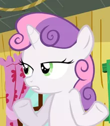 Size: 632x720 | Tagged: safe, derpibooru import, screencap, sweetie belle, pony, unicorn, sleepless in ponyville, cropped, curtains, female, filly, frown, gritted teeth, lidded eyes, shrug, so what sweetie, solo, underhoof, window