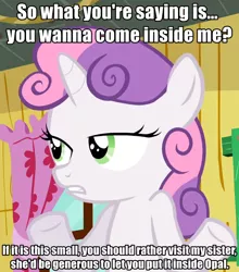 Size: 632x719 | Tagged: suggestive, derpibooru import, edit, edited screencap, screencap, sweetie belle, pony, unicorn, sleepless in ponyville, caption, curtains, female, femdom, filly, foaldom, frown, gritted teeth, humiliation, image macro, imgflip, imminent bestiality, impact font, implied bestiality, implied foalcon, implied opalescence, implied penis, implied rarity, implied small penis, innuendo, lidded eyes, meme, roasted, shrug, slutty-belle, small penis, small penis humiliation, so what sweetie, solo, underhoof, window