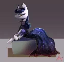 Size: 4462x4307 | Tagged: safe, artist:alumx, derpibooru import, moonlight raven, pony, unicorn, canterlot boutique, 30 minute art challenge, absurd resolution, clothes, dress, female, goth pony, mare, over the moon, prone, solo