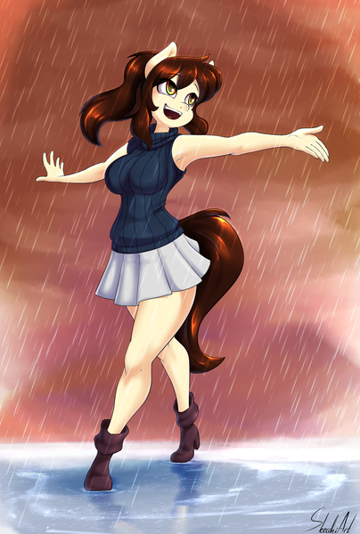 Size: 1005x1494 | Tagged: anthro, armpits, artist:skecchiart, clothes, derpibooru import, oc, oc:colette laitier, plantigrade anthro, rain, safe, skirt, solo, unofficial characters only