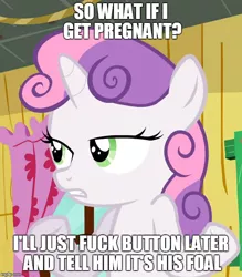 Size: 632x720 | Tagged: caption, cropped, derpibooru import, edit, edited screencap, image macro, implied button mash, implied foalcon, implied impregnation, implied sex, meme, paternity fraud, screencap, sleepless in ponyville, slutty-belle, solo, so what sweetie, suggestive, sweetie belle