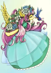 Size: 2039x2894 | Tagged: artist:unousaya, bird, clothes, derpibooru import, dress, flower, flower in hair, fluttershy, imminent kissing, safe, semi-anthro