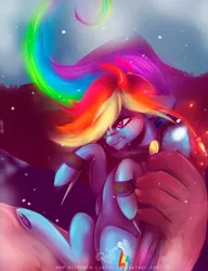 Size: 1024x1335 | Tagged: dead source, safe, artist:wilvarin-liadon, derpibooru import, rainbow dash, pegasus, pony, cropped, female, hand, holding a pony, mare, monster, solo, titan, unamused, underhoof