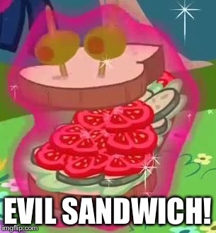 Size: 305x329 | Tagged: a canterlot wedding, cropped, cucumber, derpibooru import, edit, edited screencap, image macro, implied twilight sparkle, lettuce, levitation, magic, meme, olive, safe, sandwich, sandwich armor, screencap, sourdough, telekinesis, the fancy party, tomato, twilight sparkle, wander over yonder